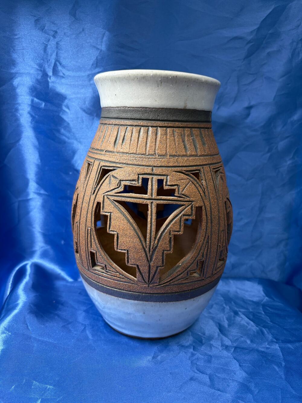 Vintage Geometric Cut Out Pottery Stoneware Signed Vase